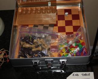 Chess & cribbage set in metal box