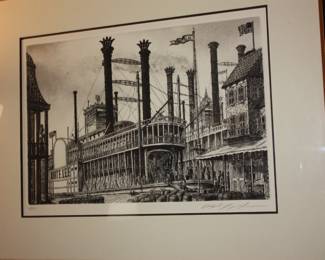 Framed & matted Robert E. Lee steam boat  signed 