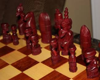 Wood folding game board oriental chess set w/carved pieces