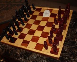 Wood folding game board oriental chess set w/carved pieces