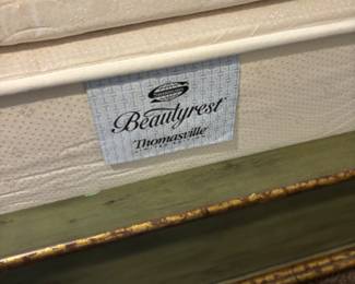 Base of patina green queens bed and queen mattress 