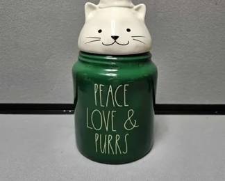 Rae Dunn Magenta  Peace Love  Purrs Figural Cat Canister  New With Box
