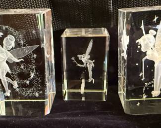 alt Disney Tinkerbell 3D laser etched crystal glass cube paperweights.