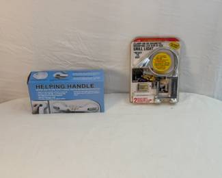 two distinct products: a "Helping Handle" safety handle and a "Clamp-On or Magnetic Mounting LED Bar-B-Que Grill Light".