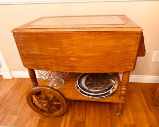 TEAK DROP-LEAF TEA CART, The Rectangular 2-Tier with exceptional glass inlay
