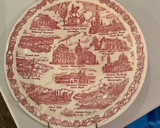 This is a vintage Vernon Kilns Indiana State Song collectible plate. It measures approximately \(10.5\) inches in diameter. The plate features a red transferware design with illustrations of various