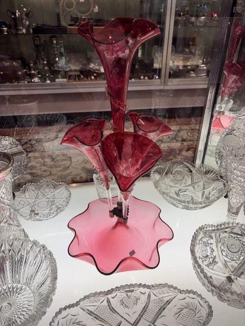Beautiful cranberry glass epergne in perfect condition!