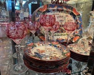 Ajka Marsala hock wines --Hungarian cut to clear crystal shown here with some 19th century dishes.