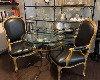 Shelves from Landa library, pair of black leather chairs