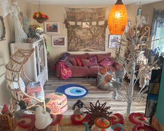 Beautiful Boho Art and Furniture. Lots of Southwest Paintings, Furniture and Figurines. European Antiques, Unique Christmas Decor/Ornaments, Kitchenware, Salt & Pepper Shakers, Lamps, Patio Furniture, Potted Plants, Linens, Decorative Throw Pillows, CDs, Dining Room Set, New Age Decor, Rugs. Polar Bear Figurines, Books, Glassware, Mirrors, Sofas, Shelving Units, TVs, Tiger/Big Cat Decor, Wolf Decor, Angel Decor, Signed Artwork, etc. Flexible pricing, willing to make deals.