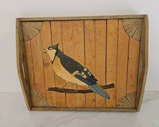 Lot 9643 Vintage Folk Art Blue Jay Wooden Tray Signed J.H. Anderson