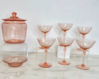 Lot 9778 Pink Depression Glass Coupe Champagne Glasses  Cookie Jar