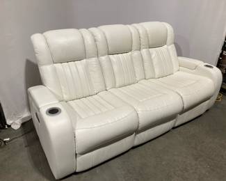 Lot 9679 Home Theater White Leather Powered Recliner Couch w Center Console Feature