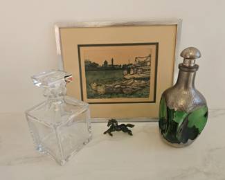 Lot 9428 Pasig River Signed Art Print  Atlantis Crystal Decanter  Colored Glass  Pewter Decanter  Jade Horse