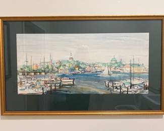 Lot 9046 Artist Signed Annapolis Harbor Boats Watercolor Art
