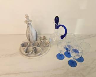 Lot 9423 Marble Saki Set  Glass Liqueur Sherry Set