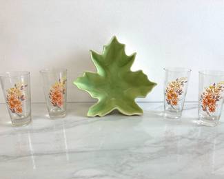 Lot 9390 Vintage Red Wing Pottery Leaf Dish  Vintage Autumn Leaves Highball Glasses