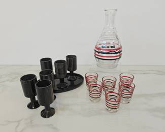 Lot 9322 Vintage Striped Glass Decanter and Shot Glasses Polished Stone Shot Glass Set
