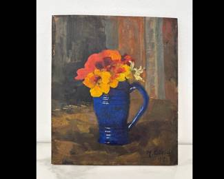 Lot 9597 Antique 1917 Signed Floral Art Painting on Wood