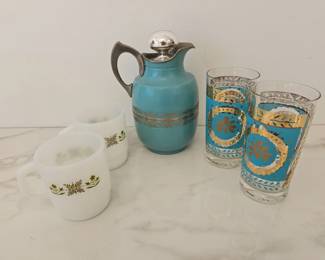 Lot 9392 Vintage Hotakold Pitcher  MCM Glasses  FireKing Mugs