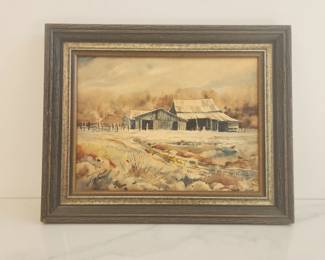 Lot 9452 Jim Powell Signed Winter Barn Scene Watercolor Wall Art