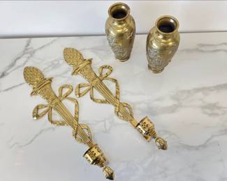 Lot 9772 Virginia Metalcrafters Brass Wall Sconces  Asian Vases