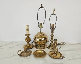 Lot 9321 Brass Lamps  Candle Holders  Ashtray