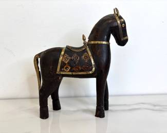 Lot 9603 Vintage Stone  Brass Detailed Carved Wood Horse