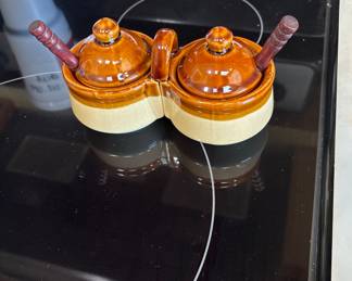 Stoneware double condiment crock set~ designed for jellies/jams or other condiments