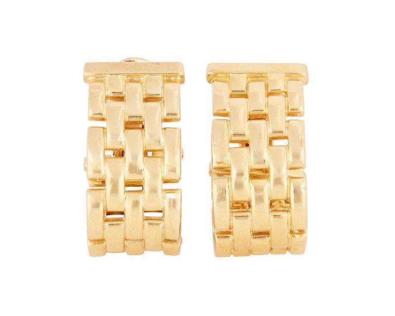 1
Cartier: A Pair of 18k Gold 'Maillon Panthere' Earrings
Featuring five rows of gold in a brick link design, signed Cartier, no. B64879, with signed box
2 pieces

Measures: 1 x 1/2 in.
24.9 grams gross
Estimate: $2,500 - $3,500