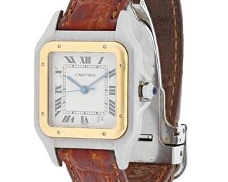 255
Cartier: A Stainless-Steel 'Tank' Watch
Dial: 17.00 mm, square with Roman numeral hour markers
Model: Tank, 1100
Case: 28.00 mm
Case number: 0125101
Closure: brown leather strap with deployment clasp
Signed: dial and clasp

Inner circumference: 5 3/4 - 6 3/4 in.
34.1 grams gross
Estimate: $1,200 - $1,500