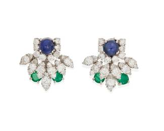 45
A Pair of 18K White Gold, Sapphire, Emerald and Diamond Earrings
Featuring two round sapphire cabochons weighing approximately 1.00 carat accented by four round emeralds weighing approximately 1.00 carat and finished with round diamonds weighing approximately 4.00 carats
2 pieces

Measures: 1 x 7/8 in.
9.3 grams gross
Estimate: $4,000 - $6,000