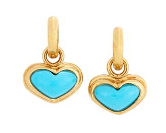9
Stefani: A Pair of 18K Gold and Turquoise Earrings
Featuring heart-shaped turquoise cabochons set in high polish gold frames, suspended from gold hoops, signed SStefani, with Italian workshop marks
2 pieces

Measures: 1 x 5/8 in.
12.6 grams gross
Estimate: $1,000 - $1,500
