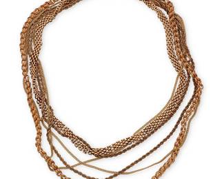 140
A Gold Necklace
Featuring four chains of 9k gold and one chain of 14k gold, finished with a 14k gold clasp

Length: 15 - 18 in.
39.1 grams gross
Estimate: $1,800 - $2,200