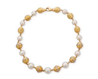 109
An 18K Gold, Cultured Pearl and Diamond Necklace
Featuring cultured pearl beads measuring approximately 10.00 - 11.00 mm, alternating with tiered gold beads, five accented by round diamonds weighing approximately 1.20 carats

Length: 15 in.
51.66 grams
Estimate: $3,500 - $5,500