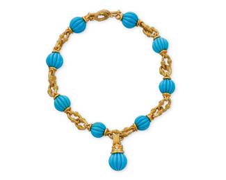 10
D'Ziener: An 18K Gold and Turquoise Necklace
Featuring fancy links accented by gold granulation and eight carved turquoise beads measuring approximately 15.4 - 17.5 mm, suspending a gold and diamond pendant finished with a carved turquoise bead, signed D'Zeiner

Chain: 16 in., Pendant: 1 1/2 x 3/4 in.
167.5 grams gross
Estimate: $8,000 - $12,000