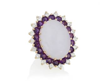 27
A 14K Gold, Lavender Jade, Amethyst and Diamond Ring
Centering an oval lavender jade cabochon weighing approximately 39.30 carats, encircled by round amethysts and accented by round diamonds weighing approximately 1.80 carats

Size: 4
23.6 grams gross
Estimate: $3,000 - $5,000