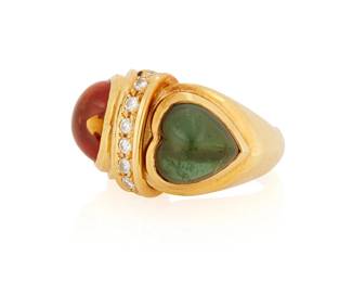 55
Joan Boyce: An 18K Gold, Citrine and Green Tourmaline Ring
Featuring heart-shaped citrine and green tourmaline cabochons, accented by round diamonds, signed JB

Size: 5
10.9 grams
Estimate: $600 - $800