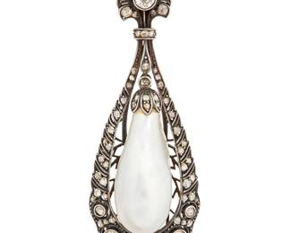 34
A Silver Topped-Gold, Natural Saltwater Pearl and Diamond Pendant
Featuring an ornate pierced silver topped-gold metal work accented by rose-cut and old European-cut diamonds, suspending a large drop natural saltwater pearl measuring 11.94 x 10.73 mm

Measures: 2 1/4 x 7/8 in.
9.6 grams gross

Accompanied by a GIA Report numbered #1232646661, dated August 01, 2025, stating the Pearl as natural Saltwater Pinctada species, no treatment, white.
Estimate: $7,000 - $10,000