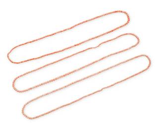 154
Three Long Coral Beaded Necklaces
Featuring coral beads measuring approximately 4.43 - 6.45 mm
3 pieces

Lengths: 55 1/2 and 56 in.
89.1 grams gross
Estimate: $2,000 - $3,000