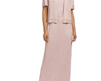 304
St. John Couture: A SIlver and Pink Jacquard Evening Dress Ensemble, Marie Gray
Circa 2000s-2010s, USA
Label: St. John Couture / By Marie Gray
Comprising a pale pink and silver/grey full length jacquard style knit strappy evening dress, with back zip and side split at hem, together with a matching boxy short sleeve jacket with zip front closure, shoulder pads, and grey silk mix lining, each with applied diamanté banding
2 pieces

Size 10
Measurements:
Jacket: CB length: 21 in.; bust across front: 20 in.; waist across front: 20 in.; across shoulders at back: 16 in.; sleeves: 10 in.
Dress: length: 59 in. shoulder strap to hem; bust across front: 19 in.; waist across front: 17 1/4 in.
Estimate: $200 - $300