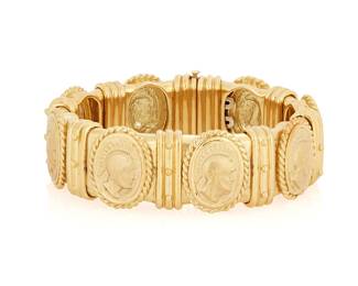 67
Attributed to Joan Boyce: An 18K Gold Bracelet
Featuring gold cameo links of Roman soldiers, accented by twisted gold frames and gold granulation

Length: 7 1/2 in., Width: 3/4 in.
120.0 grams gross
Estimate: $8,000 - $12,000