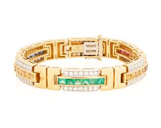 175
Ellagem: An 18K Gold and Gem-Set Bracelet
Featuring geometric links with alternating channel set ruby, sapphire, emerald and yellow sapphires, accented by round diamonds weighing approximately 2.50 carats, signed Ellagem

Length: 7 in.
48.1 grams gross
Estimate: $3,000 - $5,000
