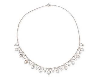 123
A White Gold and Diamond Necklace
Featuring heart-shaped links set with round diamonds weighing approximately 2.50 carats, suspended from a 14k gold chain, signed Jabel

Length: 15 3/4 in.
15.7 grams gross
Estimate: $1,000 - $1,500