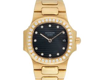 269
Patek Philippe: An 18K Gold and Diamond 'Nautilus' Watch
Dial: 18.00 mm, rounded square black striped dial with diamond set hour markers
Model: Nautilus
Case: 28.00 mm
Number: 4700/3, 558289 serial, 1523559 E19c movement
Closure: 18k gold link bracelet with deployment clasp
Signed: dial, movement and clasp

Inner circumference: 6 1/4 in.
78.3 grams gross
Estimate: $4,000 - $6,000