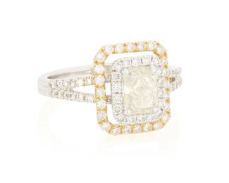171
An 18K Bi-Color Gold, Colored Diamond and Diamond Ring
Centering a rectangular radiant-cut yellow diamond weighing approximately 0.93 carat, accented by round diamonds

Size: 7
4.5 grams gross
Estimate: $2,000 - $3,000