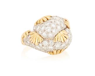 4
Tiffany & Co.: An 18K Gold and Diamond Ring
Of a bypass design featuring sprays of textured gold accented by pave set diamonds weighing approximately 3.00 carats, signed Tiffany

Size: 6 1/4
17.5 grams gross
Estimate: $7,000 - $10,000