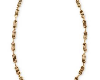 230
A 14K Gold and Plique-a-Jour Enamel Chain
Featuring geometric textured gold link featuring brown plique-a-jour enamel

Length: 32 in.
89.0 grams
Estimate: $4,000 - $6,000