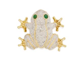 53
A 14K Bi-Color Gold, Emerald and Diamond Pendant/Brooch
Of a frog design featuring pave-set diamonds finished with two round emerald cabochon eyes

Measures: 1 3/8 x 1 1/8 in.
9.0 grams gross
Estimate: $1,000 - $1,500