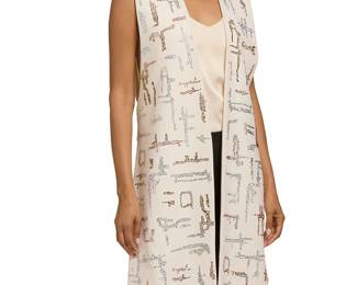 282
Libertine: A Diamanté Sleeveless Coat, 2019
Circa 2019, Los Angeles, CA
Labeled for Libertine
An ivory wool crepe tabard style open-front long vest, with self belt to back and applied diamanté geometric motifs to front panels, the back with white polyester lining

Size M
Measurements: CB length: 42 in.; shoulders: 16 in. across back at top; belt: 16 1/2 in. across back
Estimate: $800 - $1,200